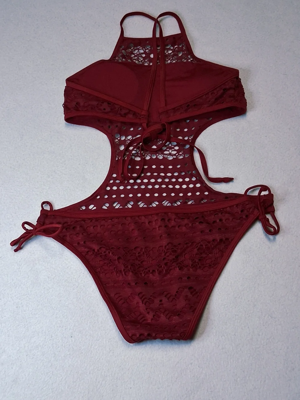 4/20$ ➡️   Crochet Cutout One-Piece Swimsuit - Wine Burgundy Crochet Monokini - Picture 3 of 11